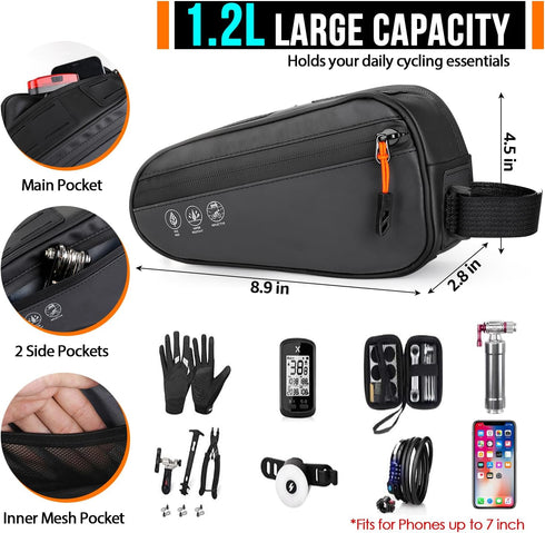 WOTOW Top Tube Bike Bag - Water Resistant Reflective Bicycle Front Frame Bag with Two Side Pockets