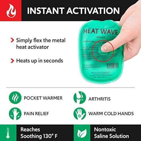 Heat Wave 3x5 Reusable Click Instant Heat Hand Warmer, Small Green, 4 Pack