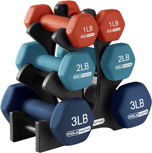HolaHatha Neoprene Dumbbell Weight Set with Rack, 2, 3, 5, 8, and 10 Pound for Home Exercises
