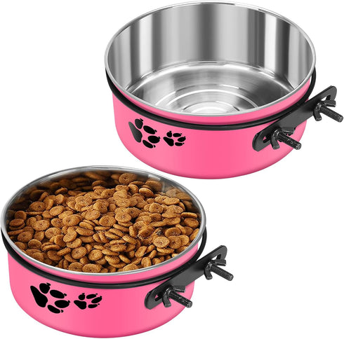 2 Pack Mountable Stainless Steel Kennel Bowls for Dogs, No Spill Hanging Water Bowls with Clamp Holder (Hot Pink)