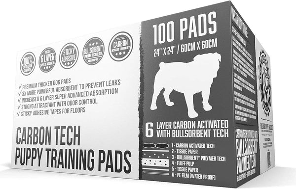 Bulldoglogy Carbon Black Puppy Pee Pads with Adhesive Tape, Large Charcoal Housebreaking Pads (24x24, 100-Count)