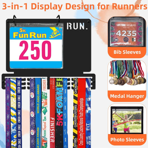 16" Race Bib and Medal Display for Runners, Metal Marathon Medal Hanger Display with Bib Holder, Running Medal Hanger