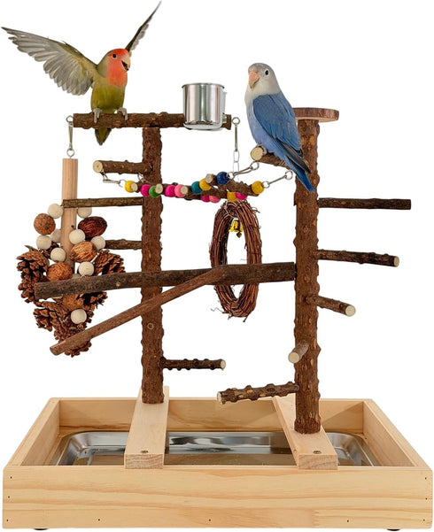 vibriskape Bird Playground, Natural Wood Bird Play Stand with Stand Perch, Swing, Toy,