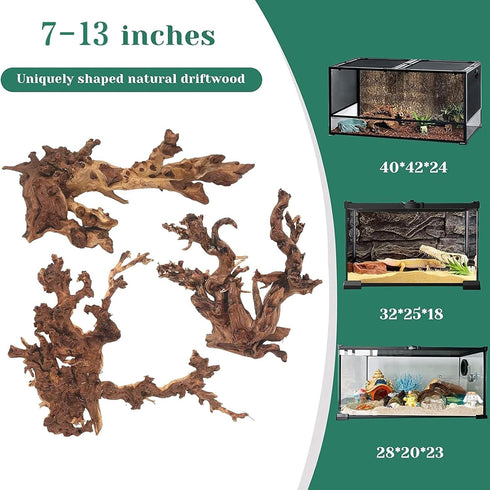 PINVNBY Natural Driftwood for Aquarium Decor Fish Tank Decorations Reptile Decor driftwood decor, 3 Pieces 7"-13" Assorted Driftwood Branch