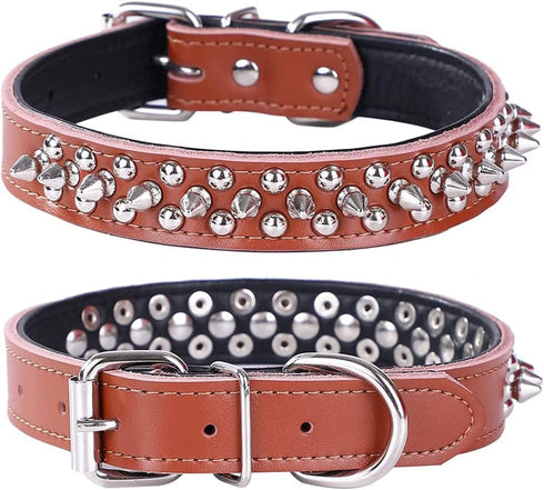 Adjustable Genuine Leather Spiked Studded Dog Collars for Small Medium Large Pets, Pit Bull Bulldog Pugs Husky (L,