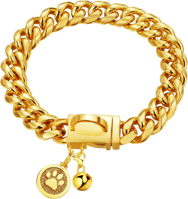 14mm Gold Cuban Link Dog Chain Collar with Snap Buckle, 18K Gold Plated Stainless Steel for Small Medium Large Dogs
