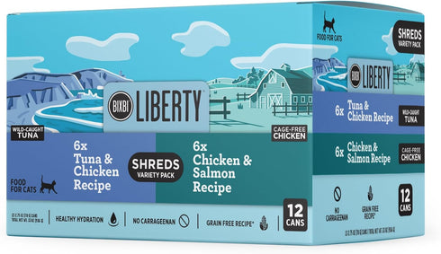 BIXBI Liberty Wet Cat Food Shreds Variety Pack, Chicken/Salmon & Tuna/Chicken Recipes, 2.75 oz Cans (12)