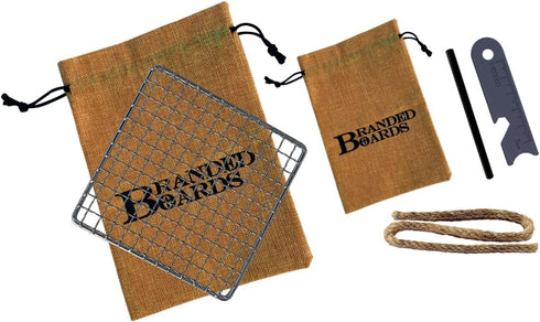 Portable Bushcraft Stainless BBQ Cooking Grill Grate, Mini Knife, Fire Starter Kits, Bamboo Cutting Board, Burlap Bag