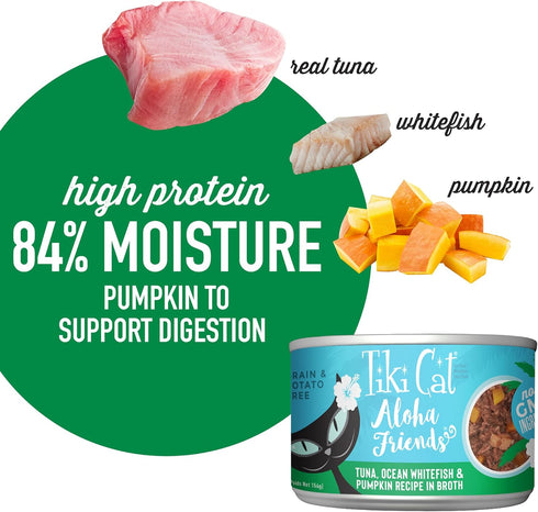 Tiki Cat Aloha Friends, Tuna, Ocean Whitefish & Pumpkin, Grain-Free Wet Cat Food, 5.5 oz Cans, Pack of 8