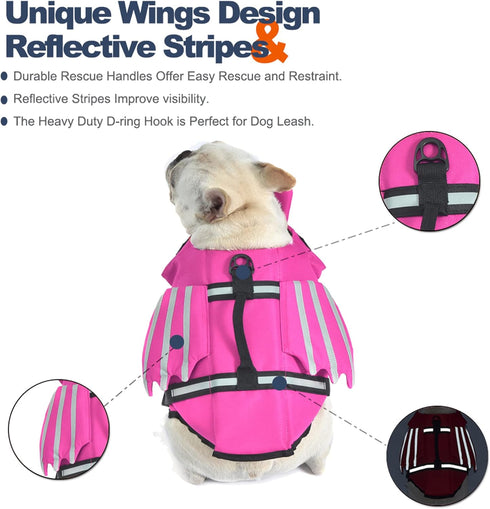 Wings Dog Life Jacket Adjustable Vest with Chin Float, Reflective Stripes, Rescue Handles, High Buoyancy Swim Float