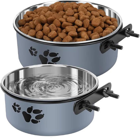 kathson 2 Pcs Dog Kennel Water Bowl - Stainless Steel No Spill Hanging Pet Food Water Bowl for Cats & Dogs (Gray)