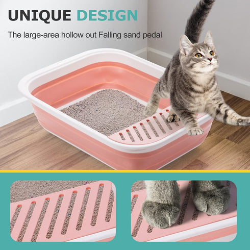 Open Top Cat Litter Box, Large Foldable Cat Potty Height-Adjustable Sides Anti-Splash, Open Air Kitty Litter Pan No