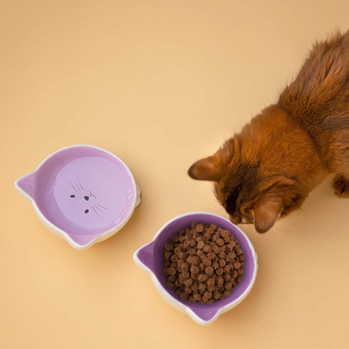 Navaris Cat Bowls with Ears - 2 Pack of Ceramic Cat Feeding Dishes with Anti Slip Silicone Feet - Cat Shaped Food and Water Bowls Set