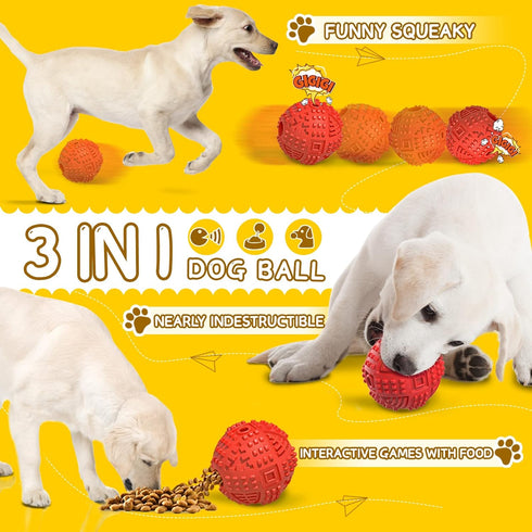 Dog Balls Treat Dispensing Toys for Large Breed, Nearly Indestructible Squeaky Chew Toys, Tough Natural Rubber Puzzle