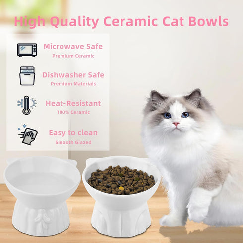 Ceramic Elevated Cat Bowls, 2Pc Extra Wide Raised Bowls for Food and Water, Shallow Whisker Friendly Dish (White)