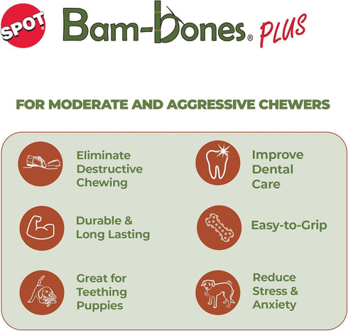 SPOT Bam-bones PLUS Triple Chew Dog Toy - Bamboo Fiber & Nylon, Durable for Aggressive Chewers, 4in, Bison Flavor