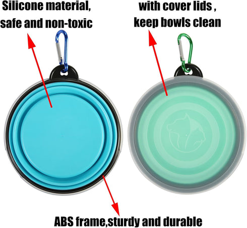 SLSON Collapsible Bowl with Cover Lids - 2 Pack Portable Dog Travel Bowls for Pets (Light Blue & Green)