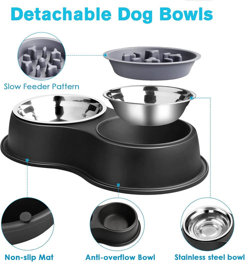 Dog Bowls, Double Dog Water and Food Bowls, Stainless Steel with Non-Slip Resin Station for Puppy and Medium Dogs