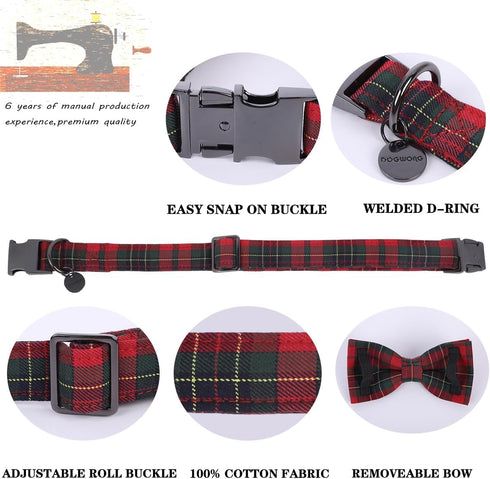 DOGWONG Christmas Red Plaid Dog Collar with Bowtie, Cute Durable Soft Cotton Collar for Small Medium Large Dogs