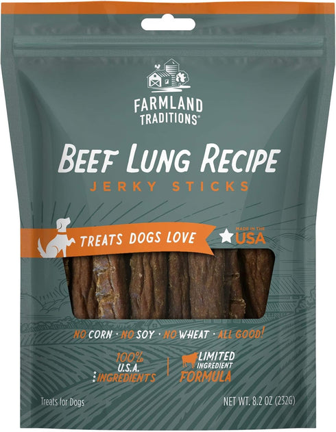 Farmland Traditions Beef Lung Recipe Jerky Dog Treats, High-Protein Dog Jerky Sticks,