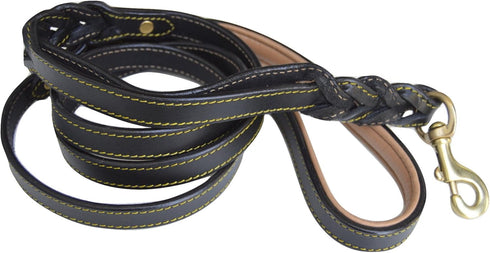 6 Foot Braided Leather Dog Leash with Traffic Handle, Two Handles for Training and Safety, Black 6ft x 3/4 Inch