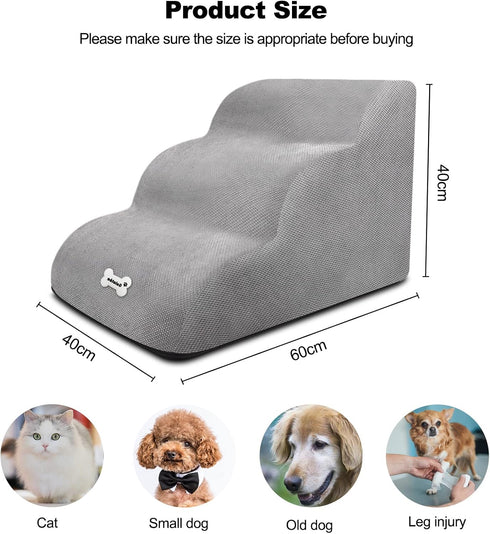 Dog Stairs, Soft Comfortable Pet Stairs with Washable Zippered Cover, Easy Climb Dog Ramp Steps for Sofa Bed - Grey