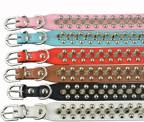 Dogs Kingdom Soft Leather Mushrooms Rivet and Spikes Studded Adjustable Buckle Pet Collar, Green XXS