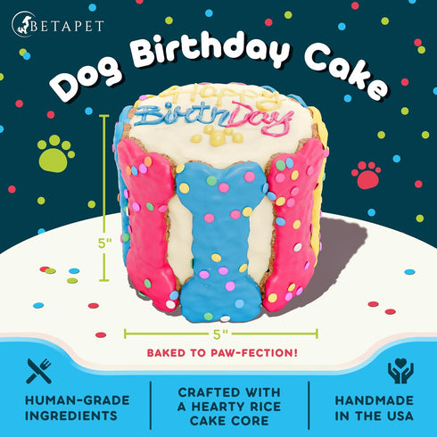 Dog Birthday Cake for Dogs to Eat - Rice Cake Based Dessert Made with Dog Birthday Treats and Human Grade Ingredients - Happy Birthday Dog Cake - Dog Birthday Gift for Puppy (5"x5"x5", Tricolor)