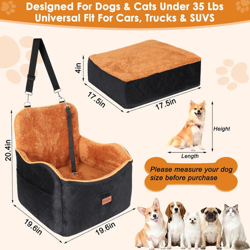 4" 35lbs Vivifying Dog Car Seat for Small and Medium Dogs, Booster Pet Car Seat with Safety Strap, Plush Travel Dog Bed