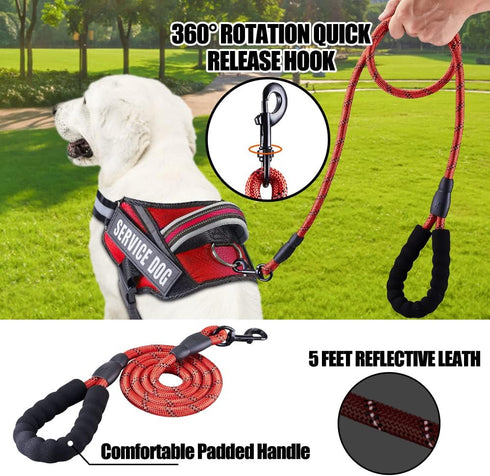 Service Dog Vest Harness and Leash Set, Animire in Training Dog Harness with 10 Dog Patches, Reflective Dog Leash with Soft Padded Handle for Small, Medium, Large, and Extra-large Dogs (RED,S)