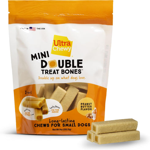 Ultra Chewy Mini Double Treat Bones: Long-Lasting Dog Treats Made in USA, Highly Digestible, 9oz (Peanut Butter, 2