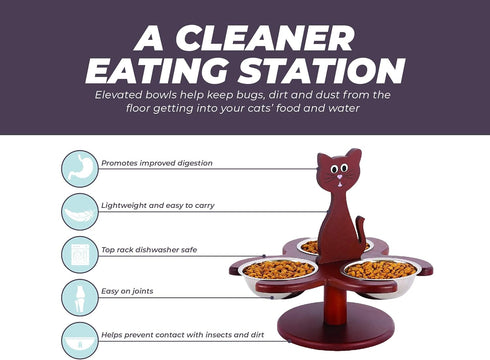 Etna Pet Store Elevated Cat Bowls, Wooden Raised Feeder with 3 Removable Bowls for Food & Water, Brown