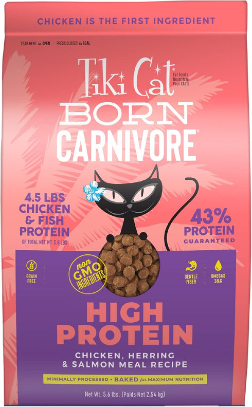 Tiki Cat Born Carnivore High Protein Dry Cat Food, Chicken, Herring & Salmon Meal, Grain-Free, 5.6 lbs Bag