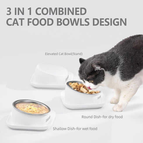 Cat Bowls Elevated Tilted Whisker Friendly, Cat Food Bowls for Indoor Cats, Shallow Cat Food Dishes Stainless Steel, Slanted Flat Plastic Feeder Elevated Angled Design.(White)