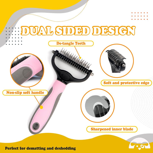 PetnBeyond Undercoat Rake - Double Sided Dematting Brush Tool for Cats and Dogs - Safe Detangler Grooming Brush