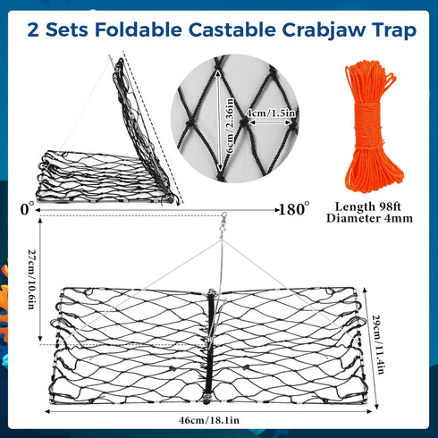 2 Set Windyun Foldable Crab Trap with Bait Clip and Orange Braided Line Crab Trap Crabjaw Crab Snare Crab Nets
