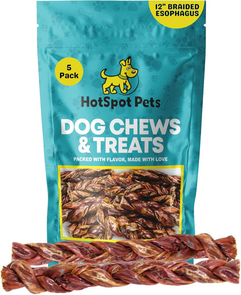 Beef Jerky Dog Treats - 6 Inch Thick Esophagus Braided Sticks, 12 Inch - 5 Pack, All Natural Bulk Chews