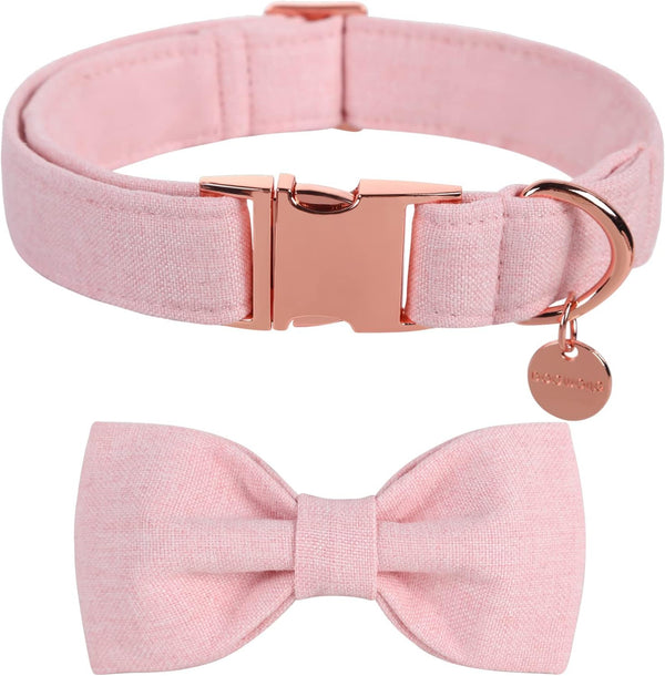 DOGWONG Cotton Dog Collar with Bow, Durable Adjustable Pink Pet Collar for Small Medium Large Dogs