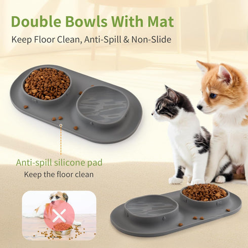 Dog Food Water Bowls for Puppy - Small Medium Dogs Feeder Bowl Mat No-Spill and Non-Skid Dog Dish Pet Feeding Station,Grey