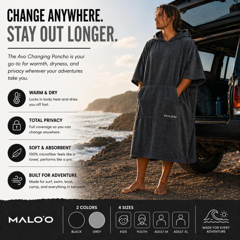 Swimming, 4 2 Maloo AVO Changing Poncho Microfiber Surf Poncho with Hood & Pocket, Quick-Dry Towel Robe for Surfing