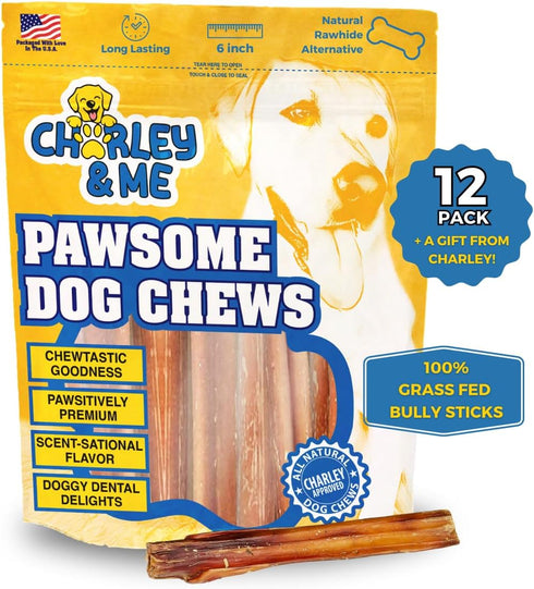 Premium Bully Sticks for Dogs, 100% Natural Beef Dog Treats, Long-Lasting Chew for Aggressive Chewers, 6 Inches, Pack