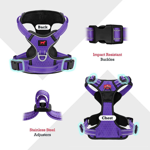 Tuff Pupper No Pull Easy Walk Dog Harness | Heavy Duty Pet Vest with Front & Back Leash Clips, Purple, Small