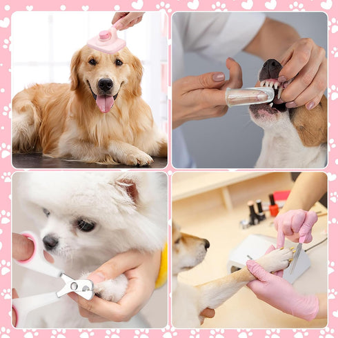 8 Pcs Dog Brush Grooming Kits, Self Cleaning Kit with Nail Clipper, Flea Comb, Bath Brush, and More, Pink