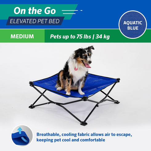 Coolaroo On The Go Cooling Elevated Dog Bed, Portable for Travel & Camping, Collapsible Storage, Medium, Aquatic Blue