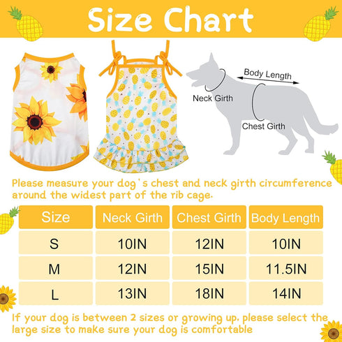 4 Pieces Pet Clothes Set Include 2 Pieces Cute Pet Dress Lovely Fruit Dog Dress and 2 Pieces Dog Shirt Breathable Pet T-Shirt Puppy Clothes for Pet (Pineapple, Sunflower,Medium)