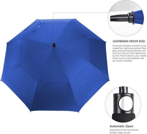 Large UV Protection Golf Umbrella, Windproof Rain/Sun, 54/62/68 Inch