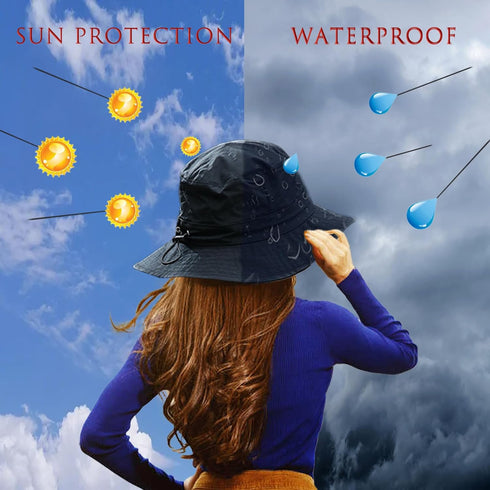 Waterproof Bucket Rain Hat with Chin Strap, Packable Sun Hat for Men Women, Lightweight Summer Fishing Cap