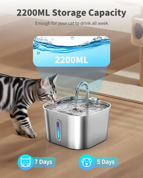 Lawfery 74oz/2.2L 4 4 Cat Water Fountain Stainless Steel, Automatic Cat Drinking Fountain with Filters & Sponges, Pet