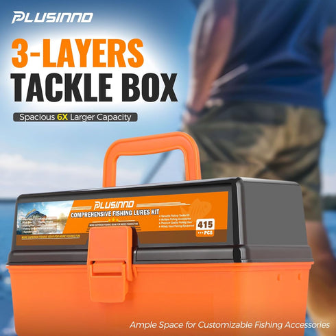 PLUSINNO Large 3 Layers Tackle Box with 415Pcs Fishing Lures Kit, Includes Pliers, Hooks, Weights & Accessories