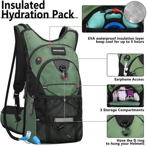 NONSAR 3L Hydration Backpack Pack with Insulated Water Bladder, Daypack for Hiking, Running, Climbing, Rave, Festival,